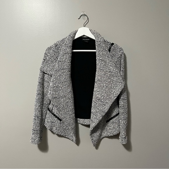 Club Monaco Jowdie Tweed Open Front Crop Jacket Leather Accent - Picture 13 of 17